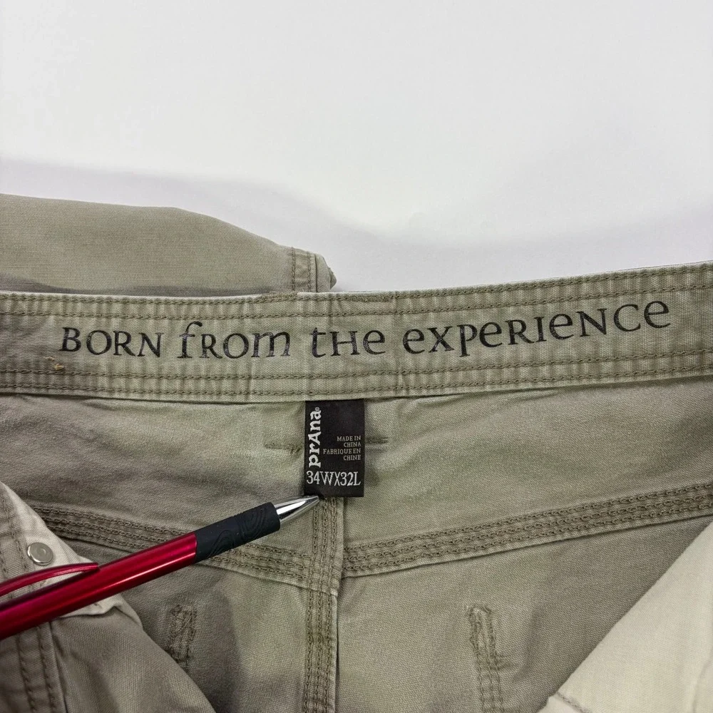 Prana Bronson Pants Mens 34x32 Khaki Tan Organic Cotton Straight Outdoor Hiking